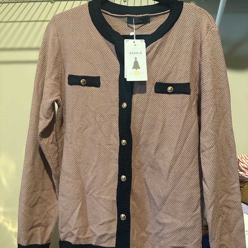 ZESICA Women's Tan Cardigan with Black Trim